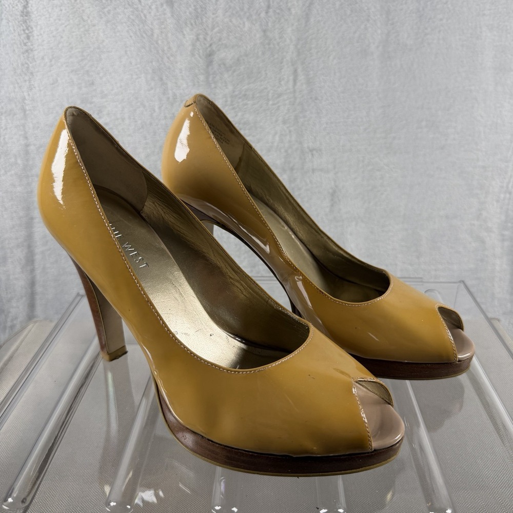 Nine West Patent Peep Toe Stiletto Pumps 7M Mustard Minimalist